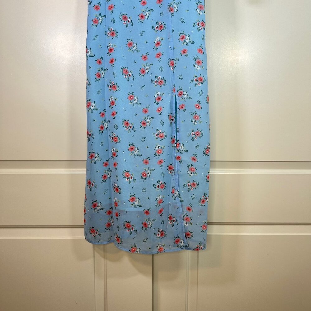 Light Blue Floral Tie Shoulder Slit Midi Dress - NEW - Picture 11 of 16
